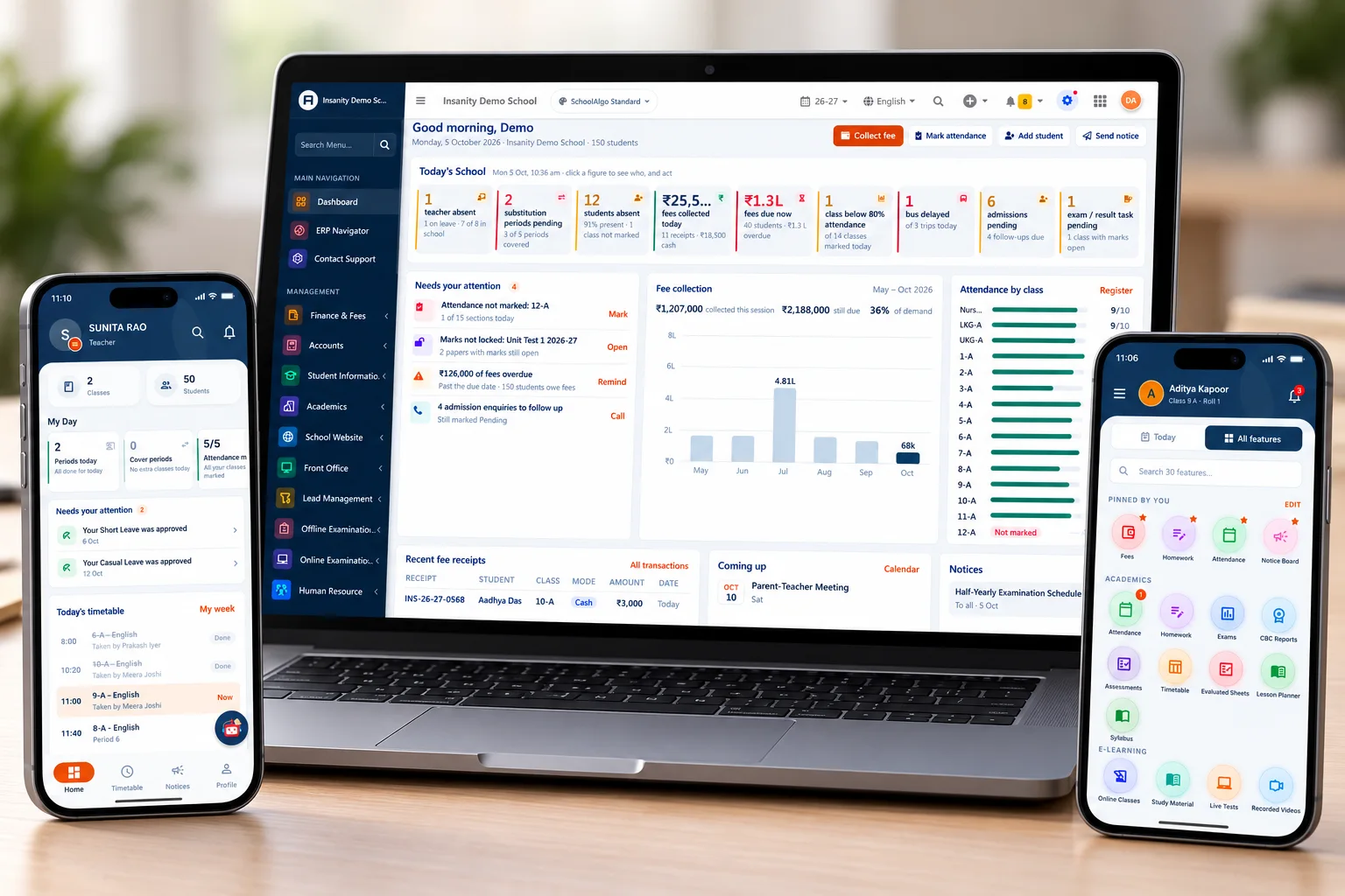SchoolAlgo dashboard on a laptop with the teacher and parent apps on phones