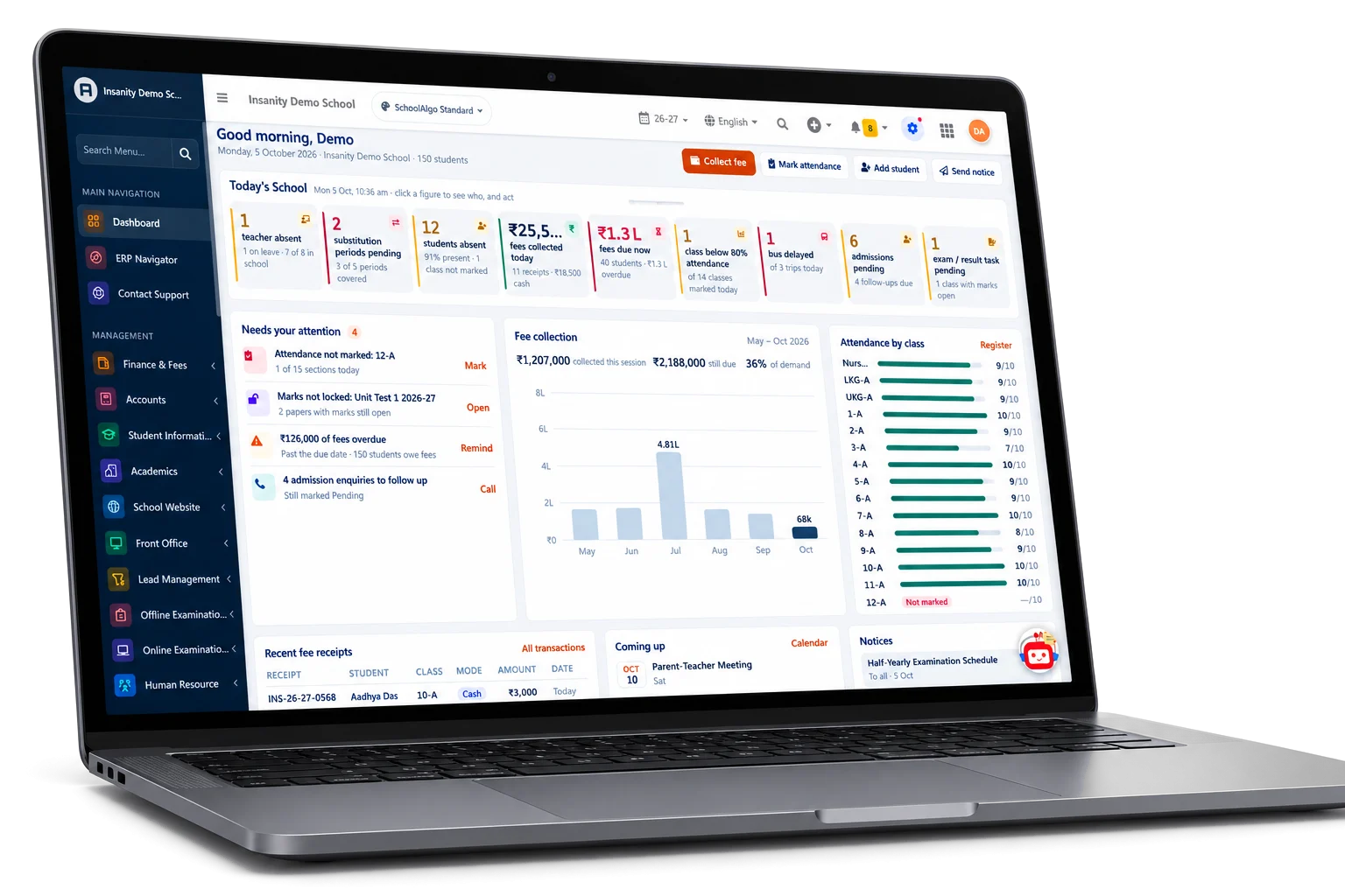 SchoolAlgo dashboard on a laptop