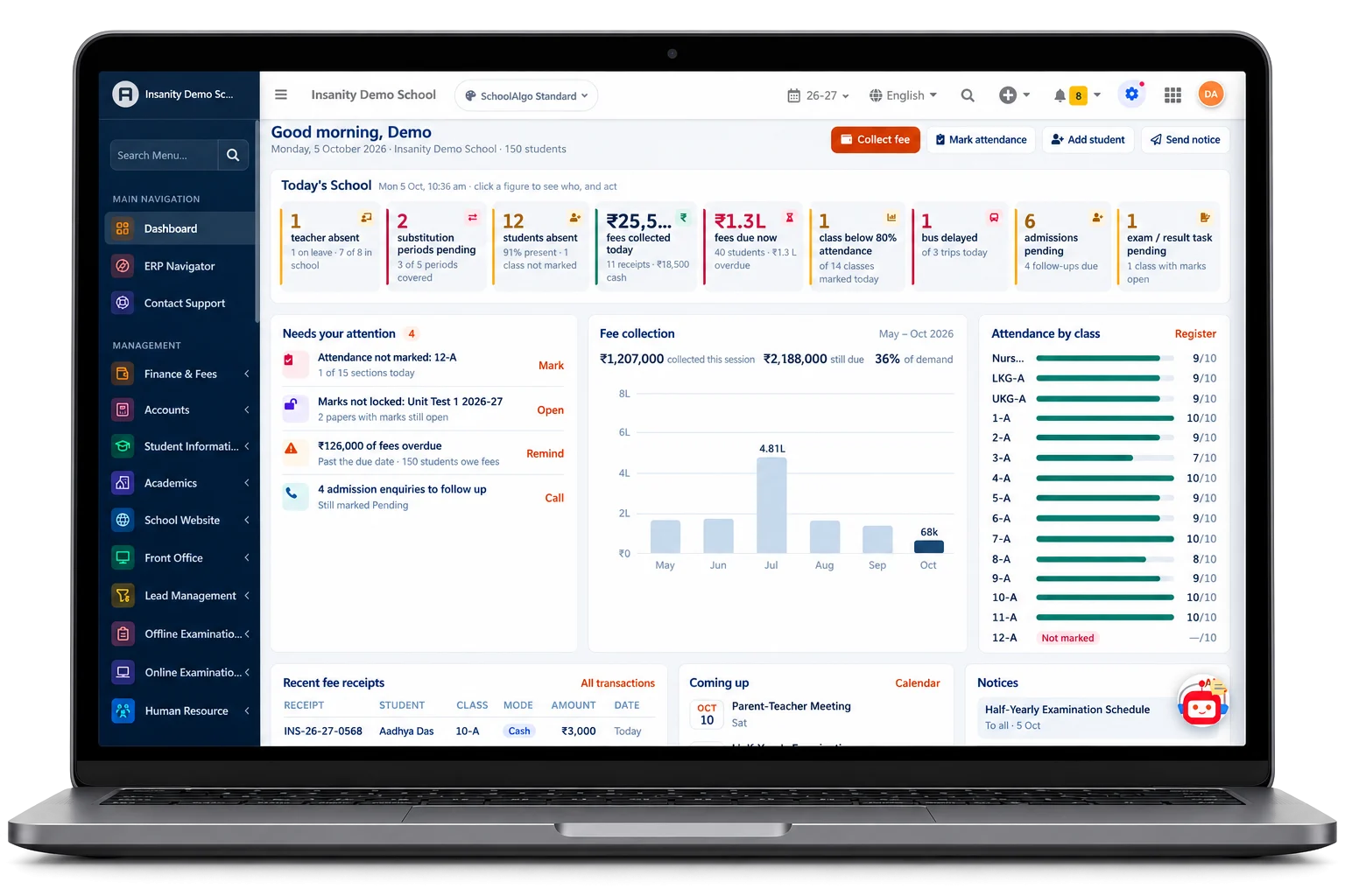 The SchoolAlgo office dashboard: today's absences, fees, buses, admissions and attendance by class